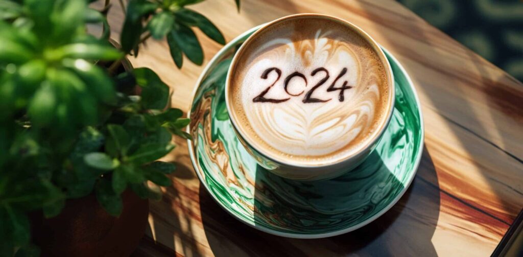 Happy New Year goal. Number 2024 on frothy surface of cappuccino coffee in cup. Resolutions Concept. Copy Space.