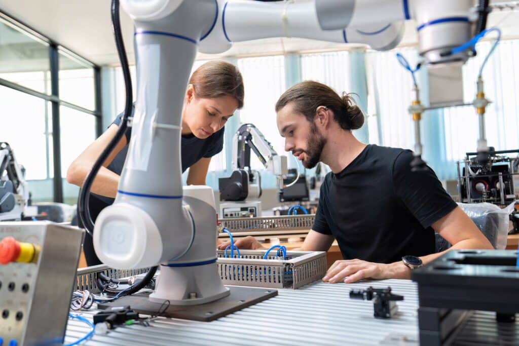 An engineer in research development robotic factory checking prototype of automation robot arm