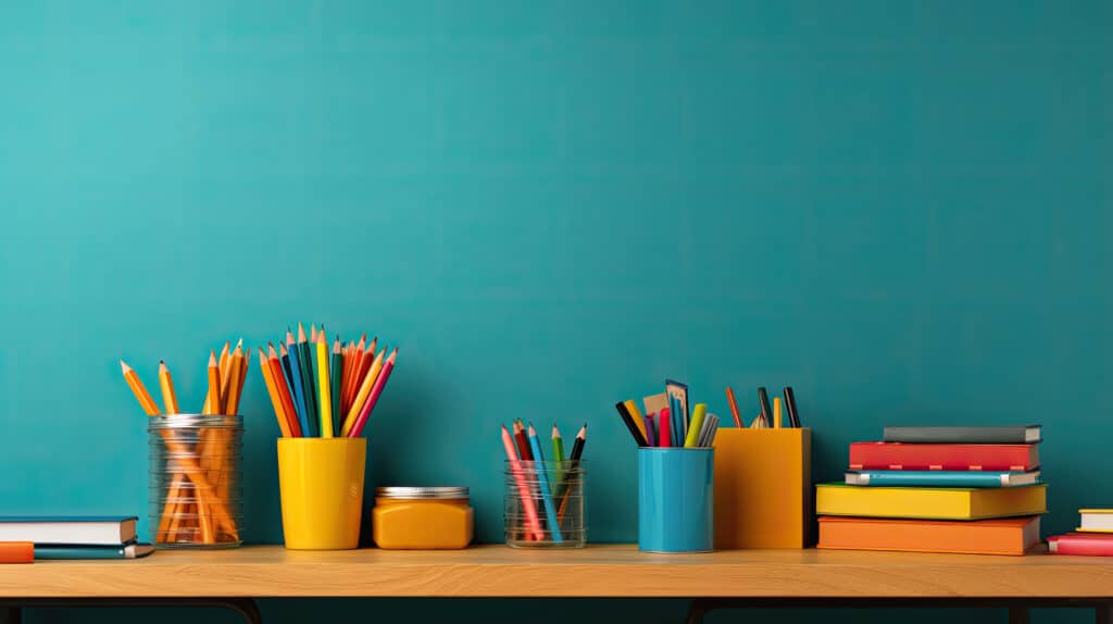 School supplies on a blue green background, a new school year begins: Kids' schoolbag and supplies, education banner, AI