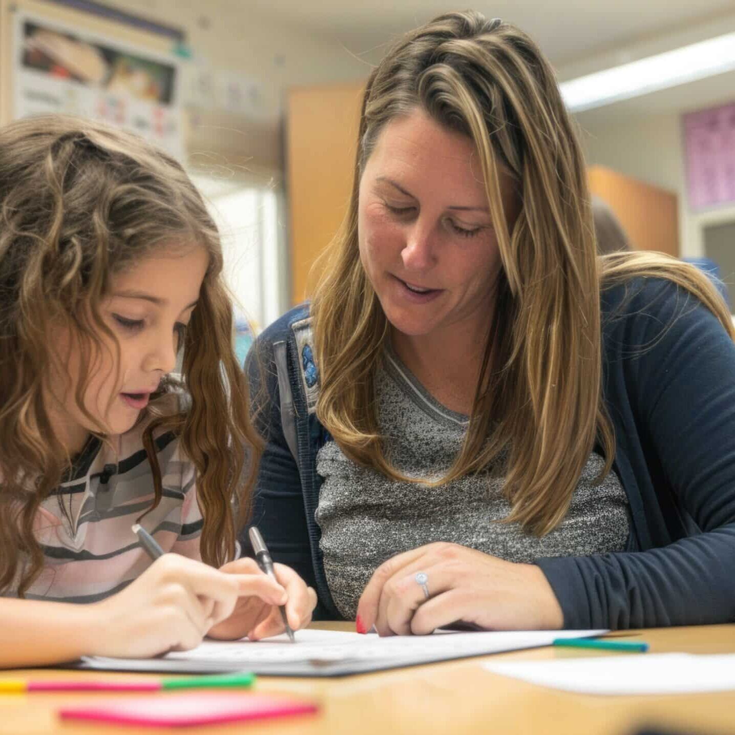 A teacher helping a student with a math problem at their desk. stock photo --ar 16:9 --style raw Job ID: 2706e61d-b45d-462c-9f4b-84b0f84d3e15